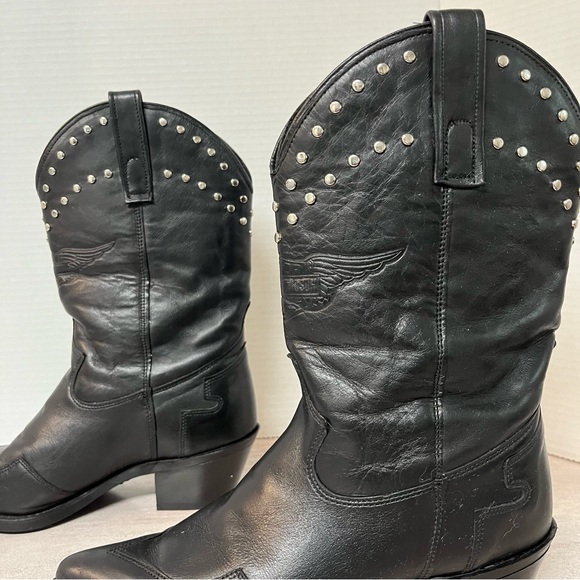 Harley Davidson Western Vintage Silver Studded Black Leather Cowgirl Boots - Picture 12 of 15